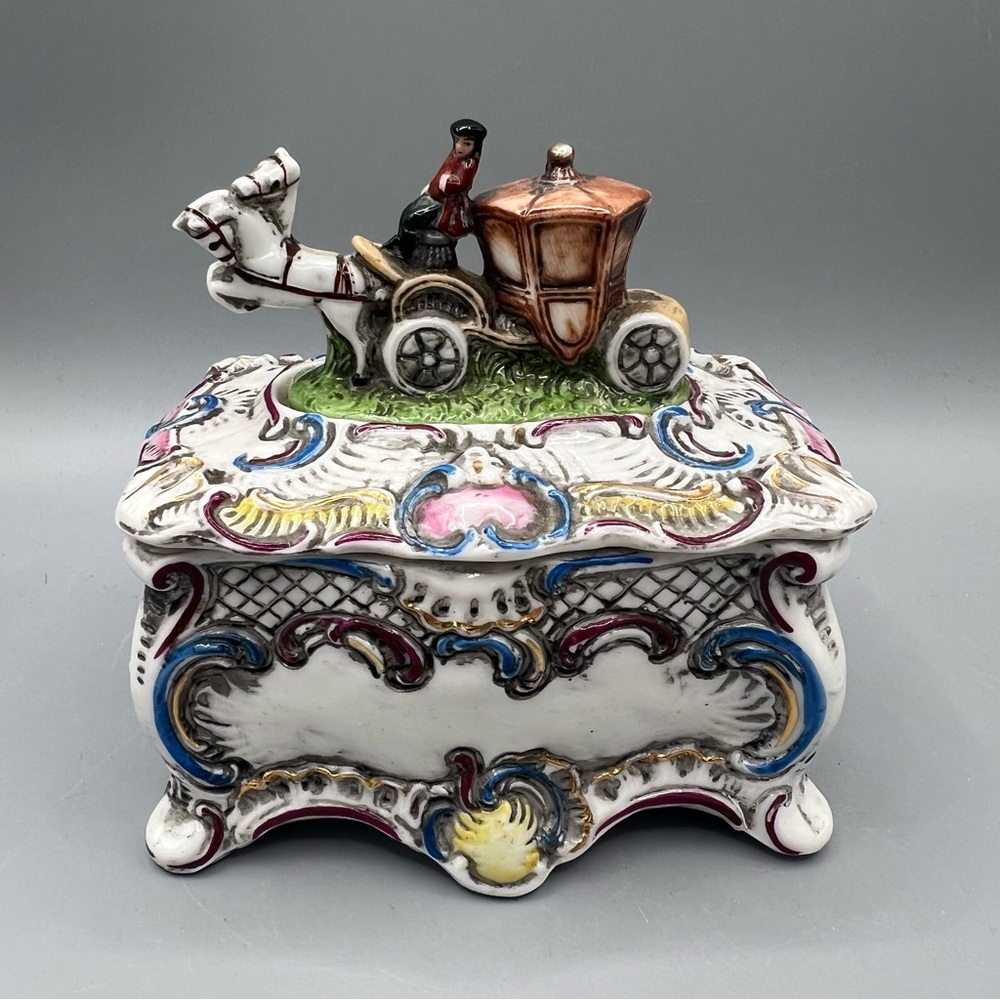 Antique Porcelain Horse Drawn Carriage Trinket / Dresser Box Germany